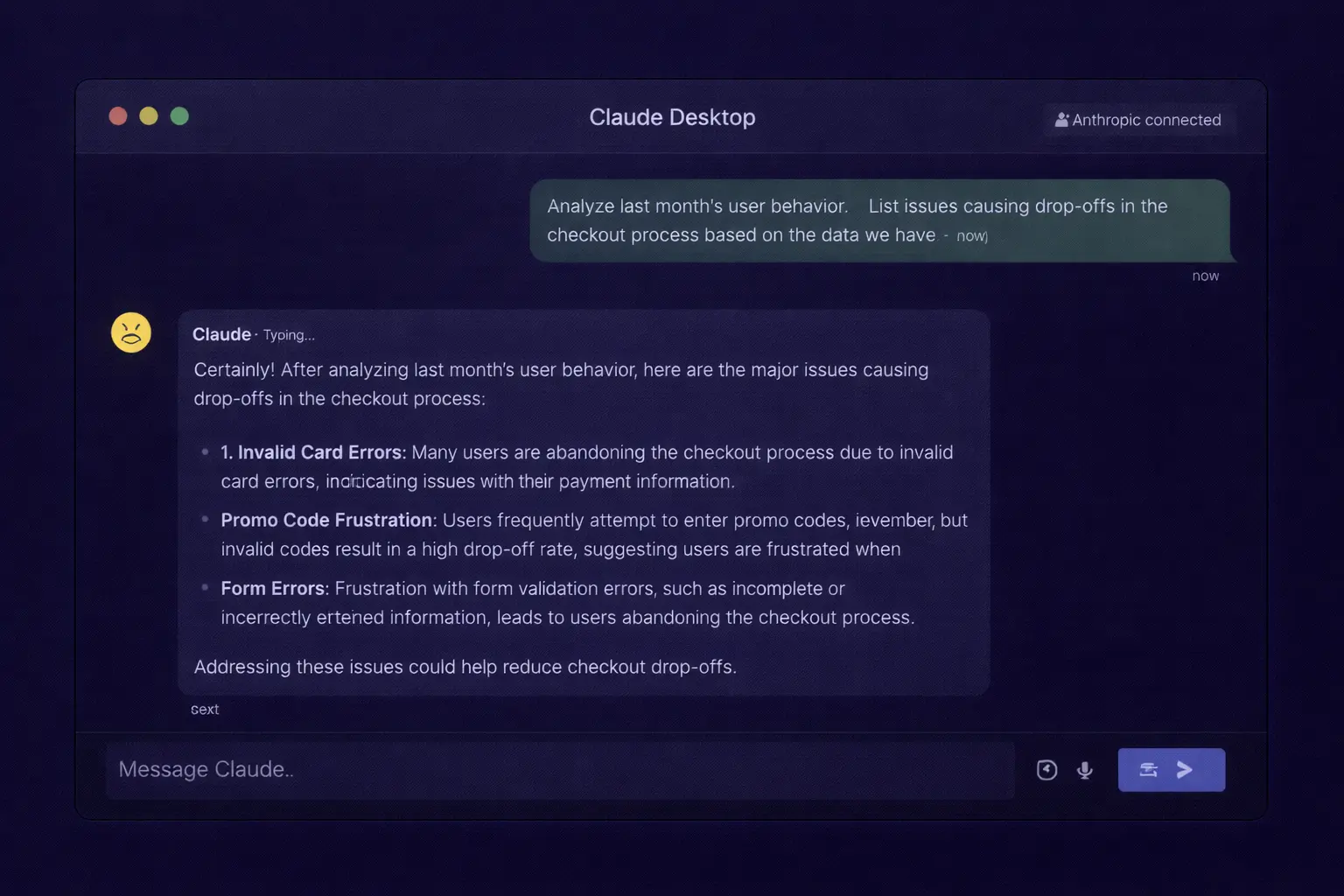 [img: horizontal illustration showing Claude Desktop chat interface with analytics query and response, MCP connection indicator visible, AI assistant conversation context]