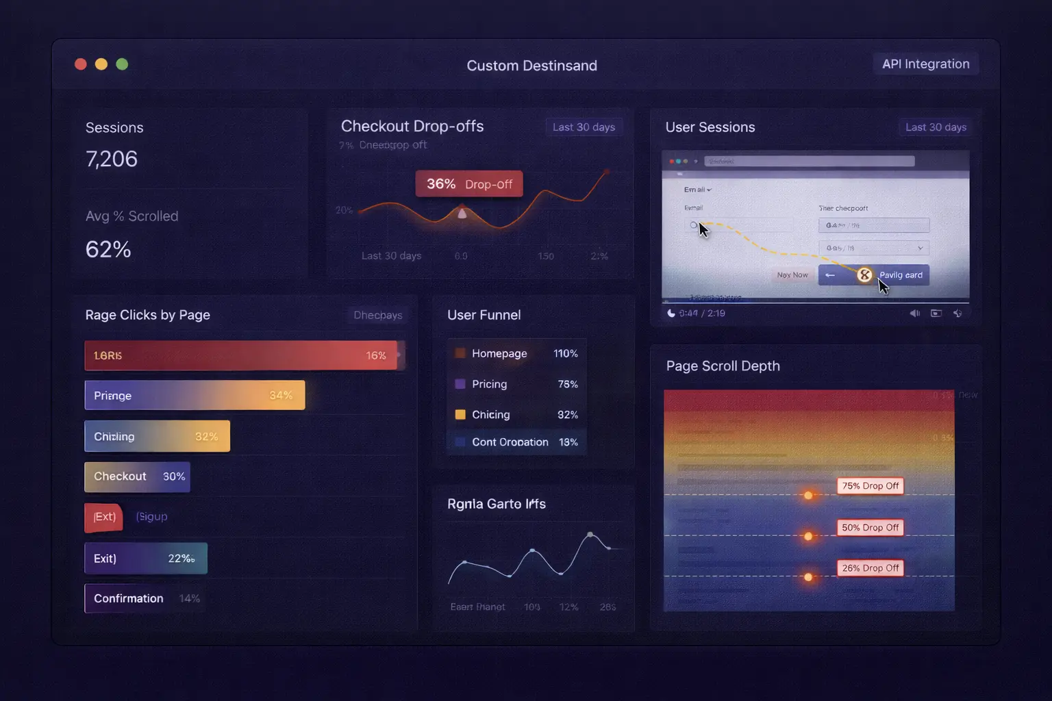 [img: horizontal illustration showing custom dashboard built with API data, multiple charts and session player embeds, data integration scenario]