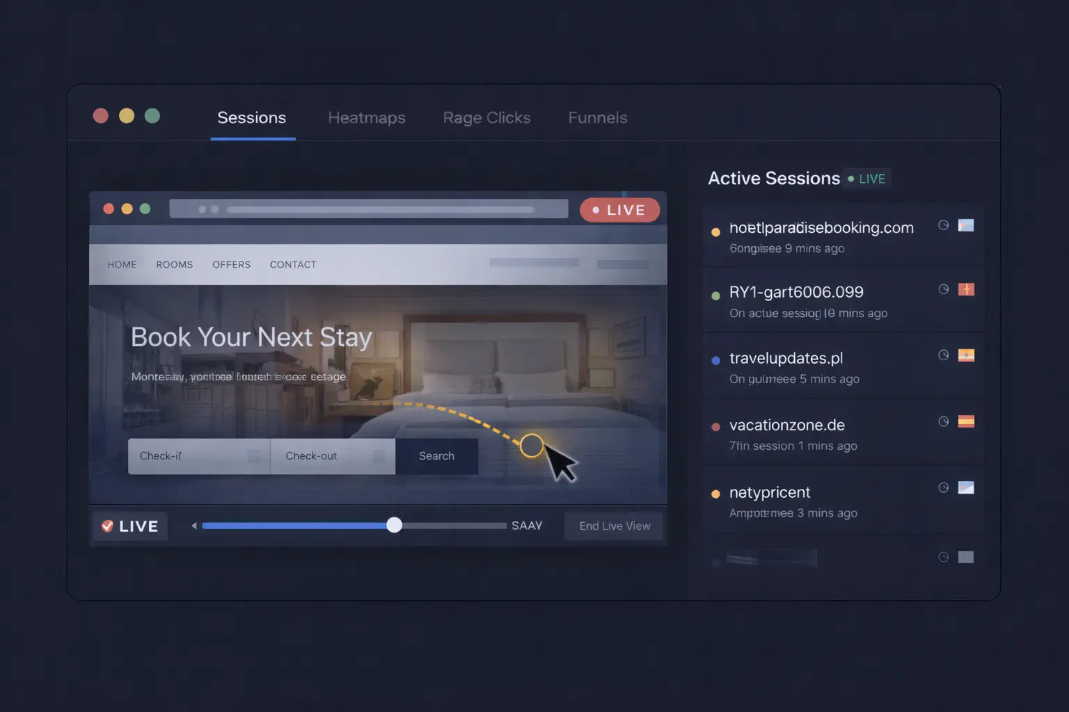 [img: horizontal illustration showing a split-screen with active sessions list on left and live session player on right, real-time cursor movement visible, SaaS monitoring dashboard style]