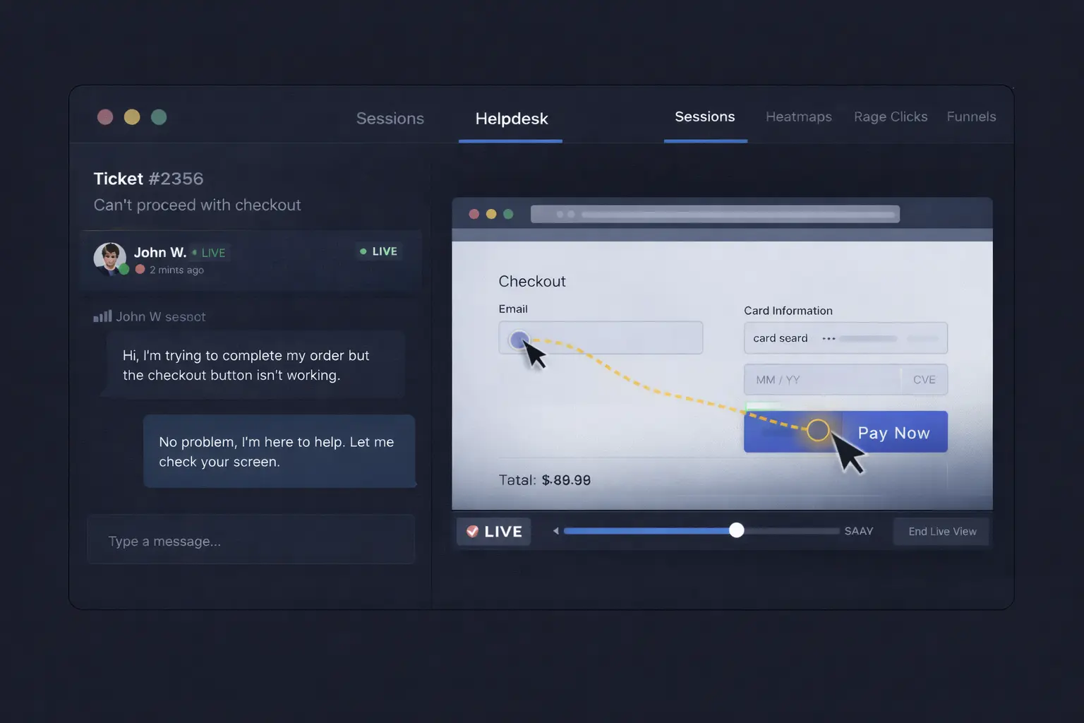 [img: horizontal illustration showing a support agent dashboard with customer session visible alongside a ticket/chat interface, collaborative UX monitoring scenario]