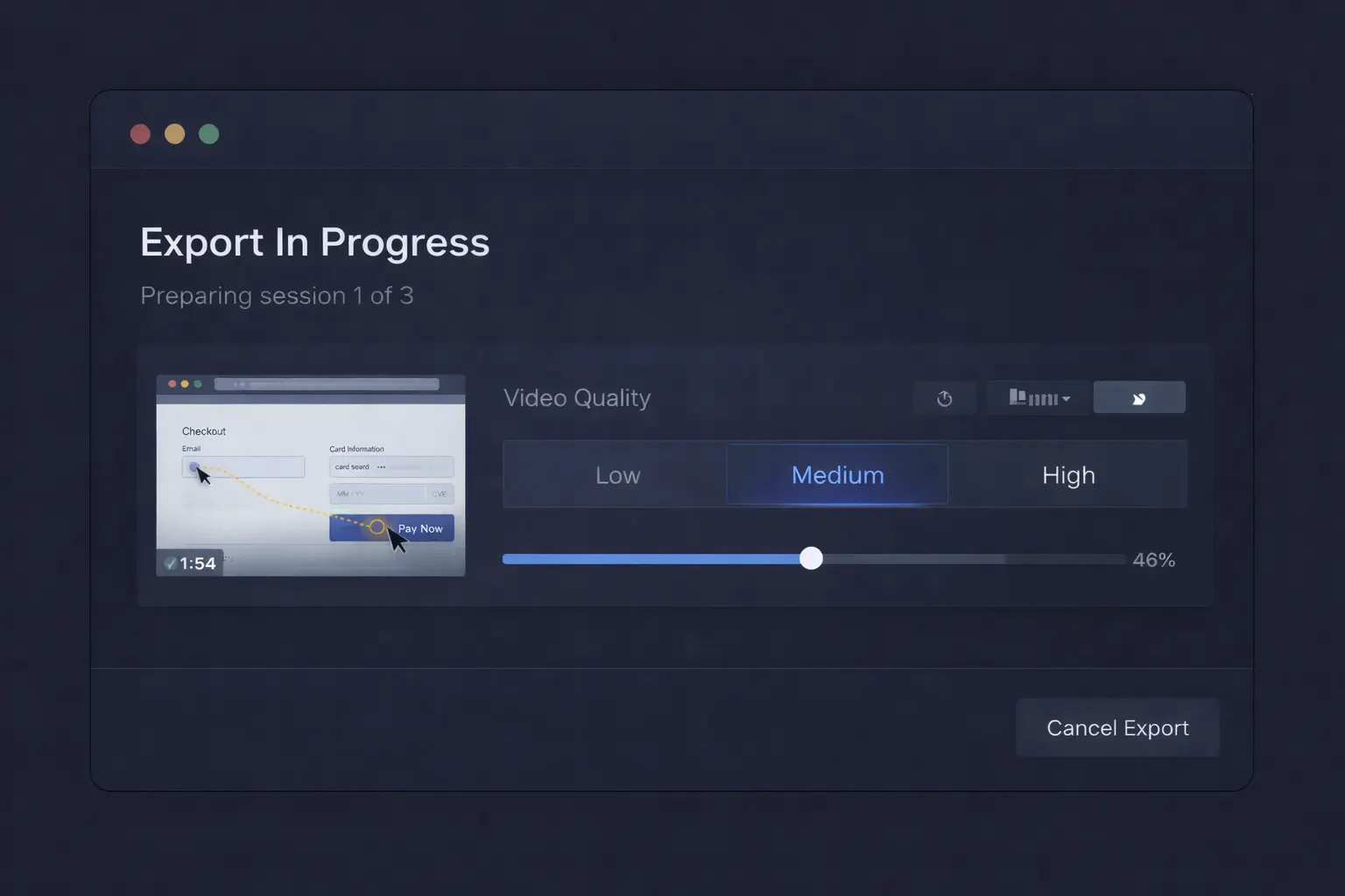 [img: horizontal illustration showing export progress interface with session thumbnail, progress bar, and quality settings, analytics export dashboard aesthetic]