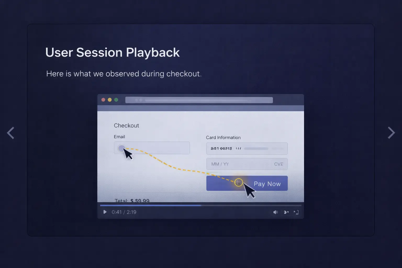 [img: horizontal illustration showing a presentation slide with embedded session video, cursor visible on e-commerce checkout flow, client presentation context]