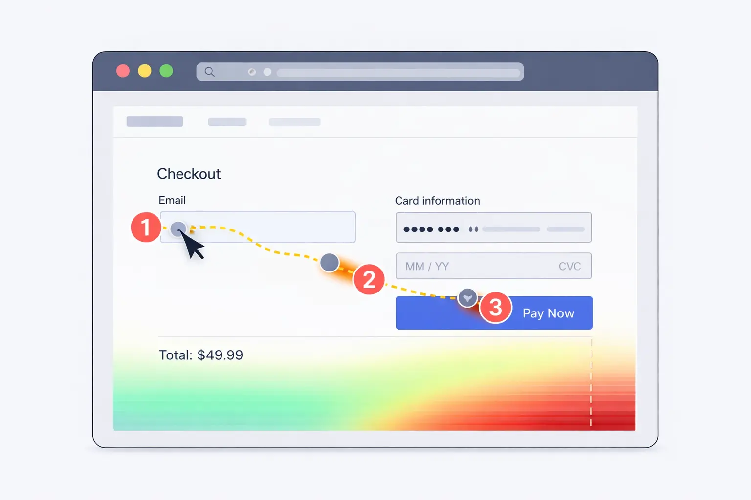 [img: horizontal illustration showing a browser window with cursor trail, click indicators, and scroll depth markers overlaid on a checkout page interface, clean SaaS dashboard aesthetic]