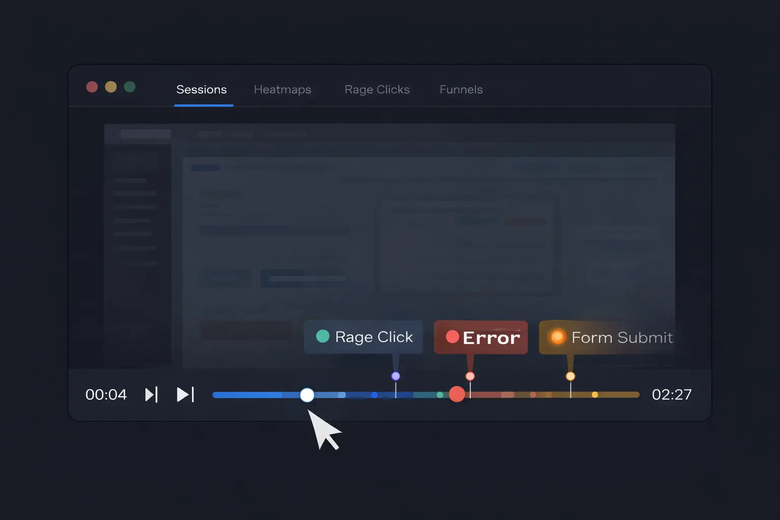 [img: horizontal illustration showing a session replay player interface with timeline, playback controls, and event markers, dark mode analytics dashboard style]