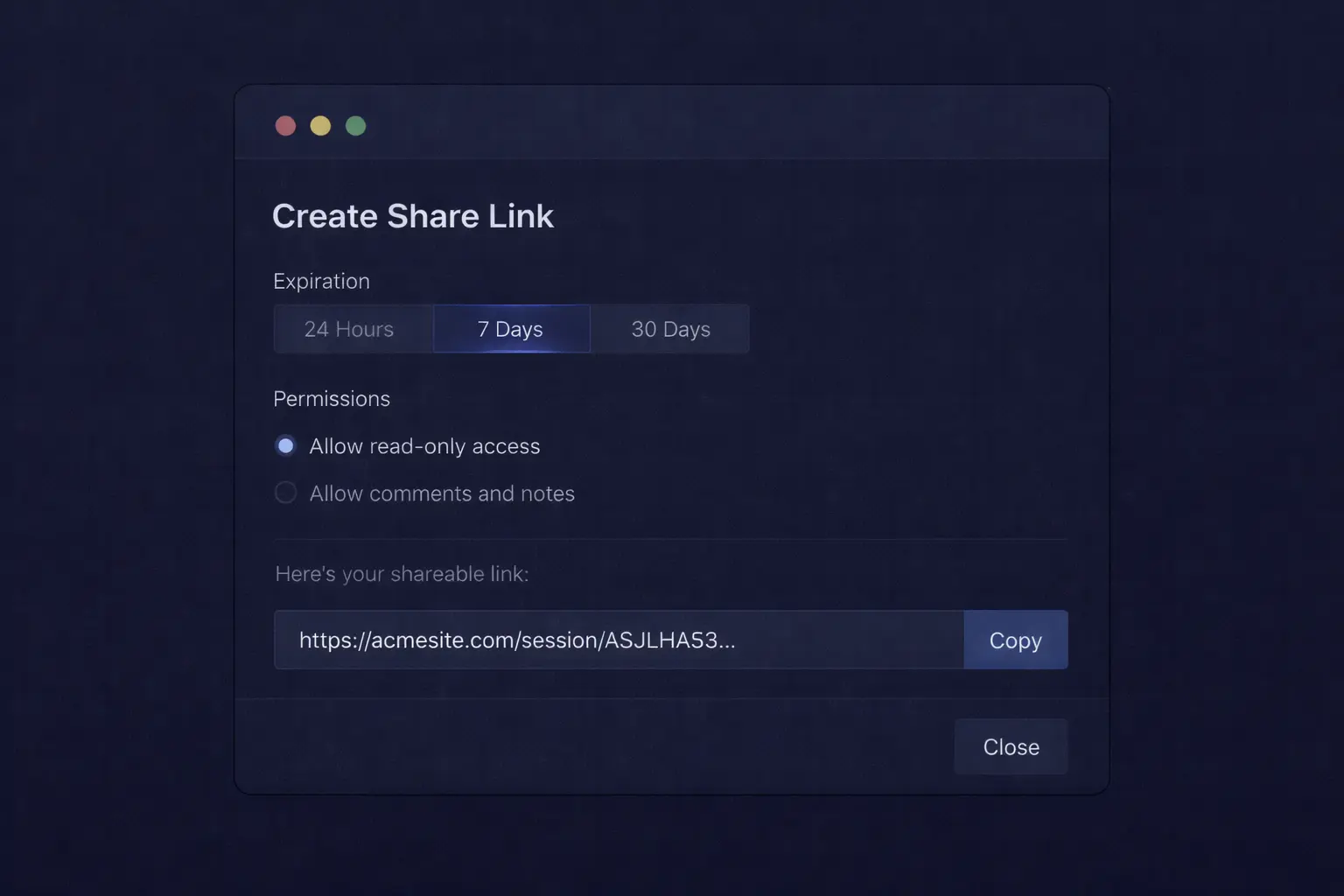 [img: horizontal illustration showing share link creation modal with expiration settings, permission options, and generated URL with copy button, clean settings UI]