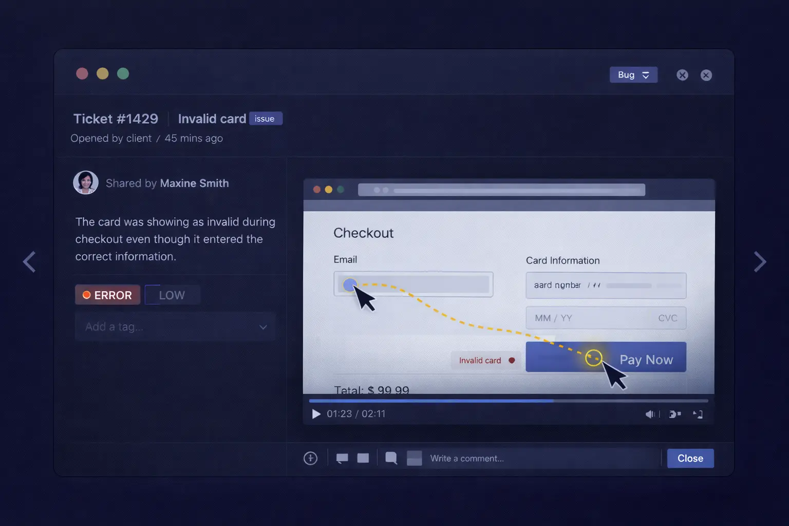 [img: horizontal illustration showing a bug ticket interface with embedded session player from share link, collaborative debugging context]
