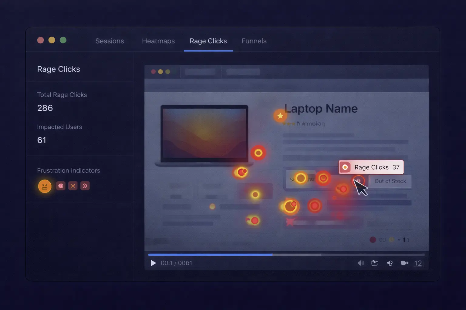 [img: horizontal illustration showing UX analysis dashboard with rage click heatmap overlay on a product page, frustration indicators highlighted in red/orange, analytics view]